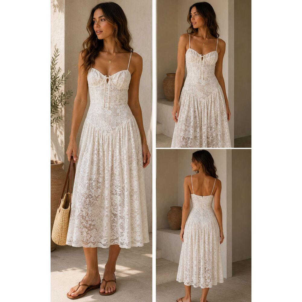 BELLEVUE THE LABEL Lace Floral Midi Dress White NEW NWT